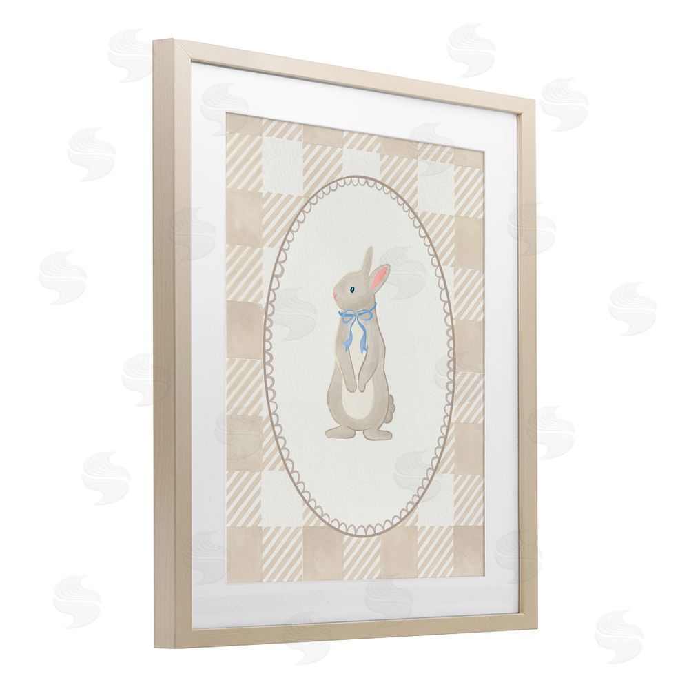 The Paper Curator Bunny on Green Gingham Birch Framed Print Under Glass with White Mat Wall Art