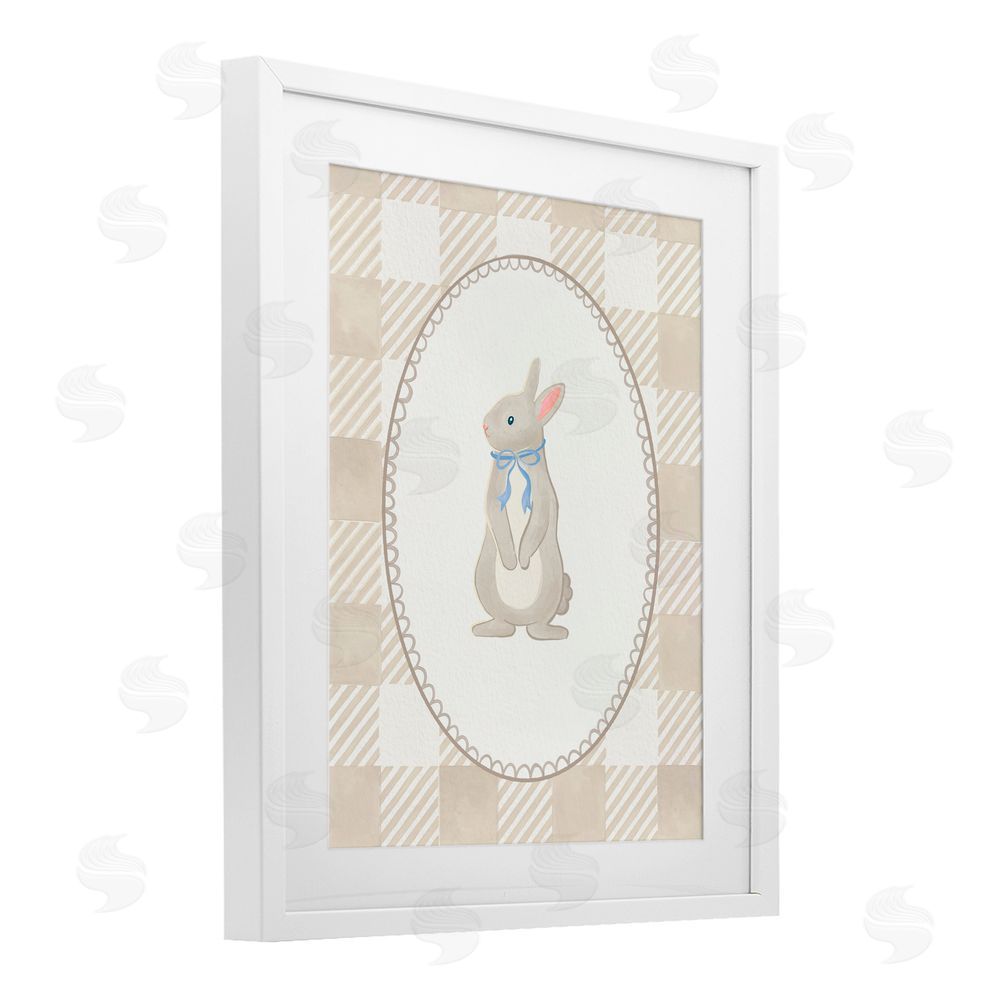 The Paper Curator Bunny on Green Gingham White Framed Print Under Glass with Mat Wall Art