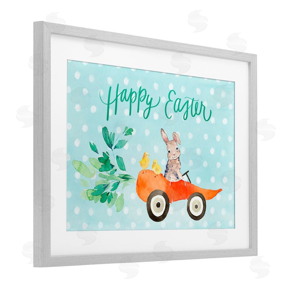 Heather Lee Chan Easter Carrot Car Bunny Gray Framed Print Under Glass with White Mat Wall Art