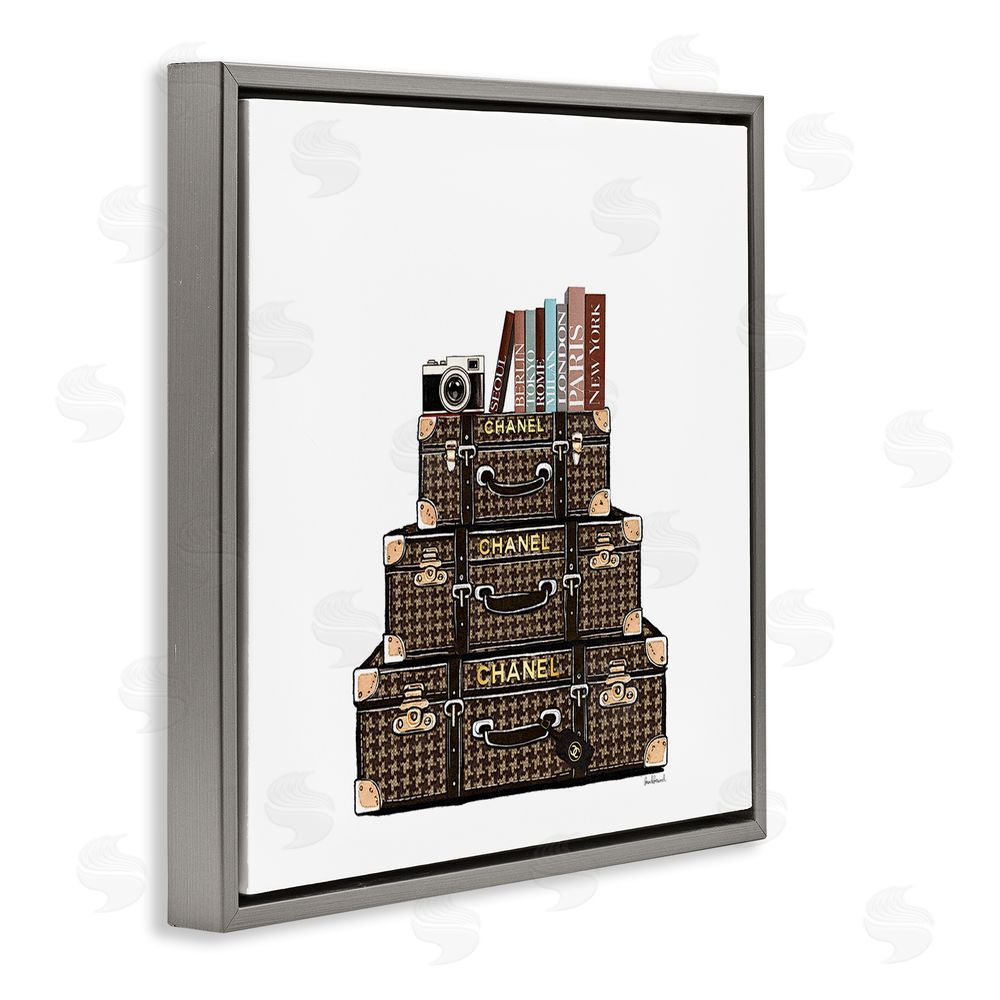 Amanda Greenwood Travel Vintage Luggage & Books Gray Floating Frame Canvas Wall Art Print