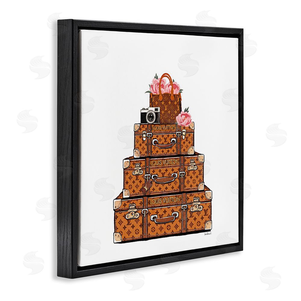 Amanda Greenwood Stacked Luggage with Floral Handbag Black Floating Frame Canvas Wall Art Print