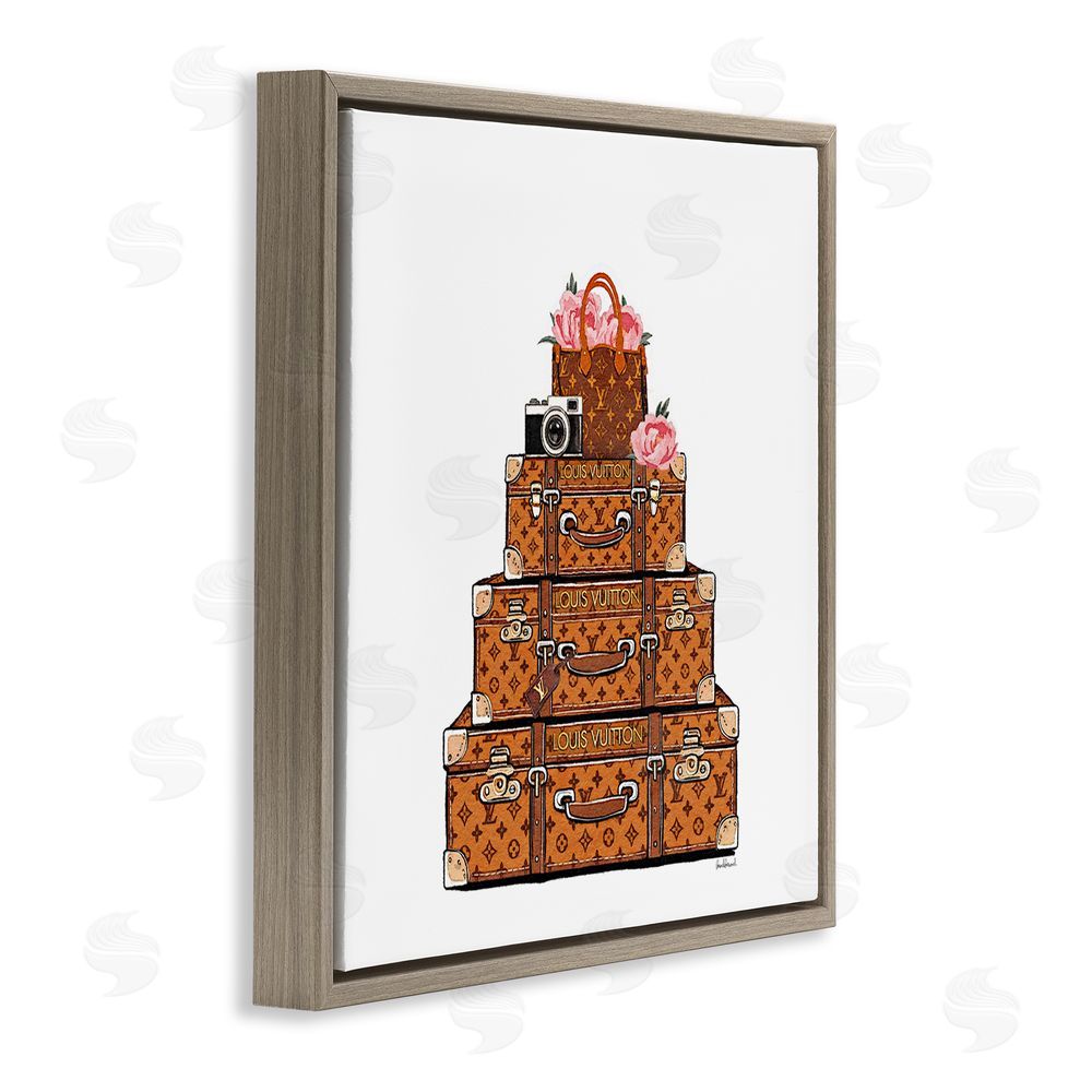 Amanda Greenwood Stacked Luggage with Floral Handbag Brown Floating Frame Canvas Wall Art Print