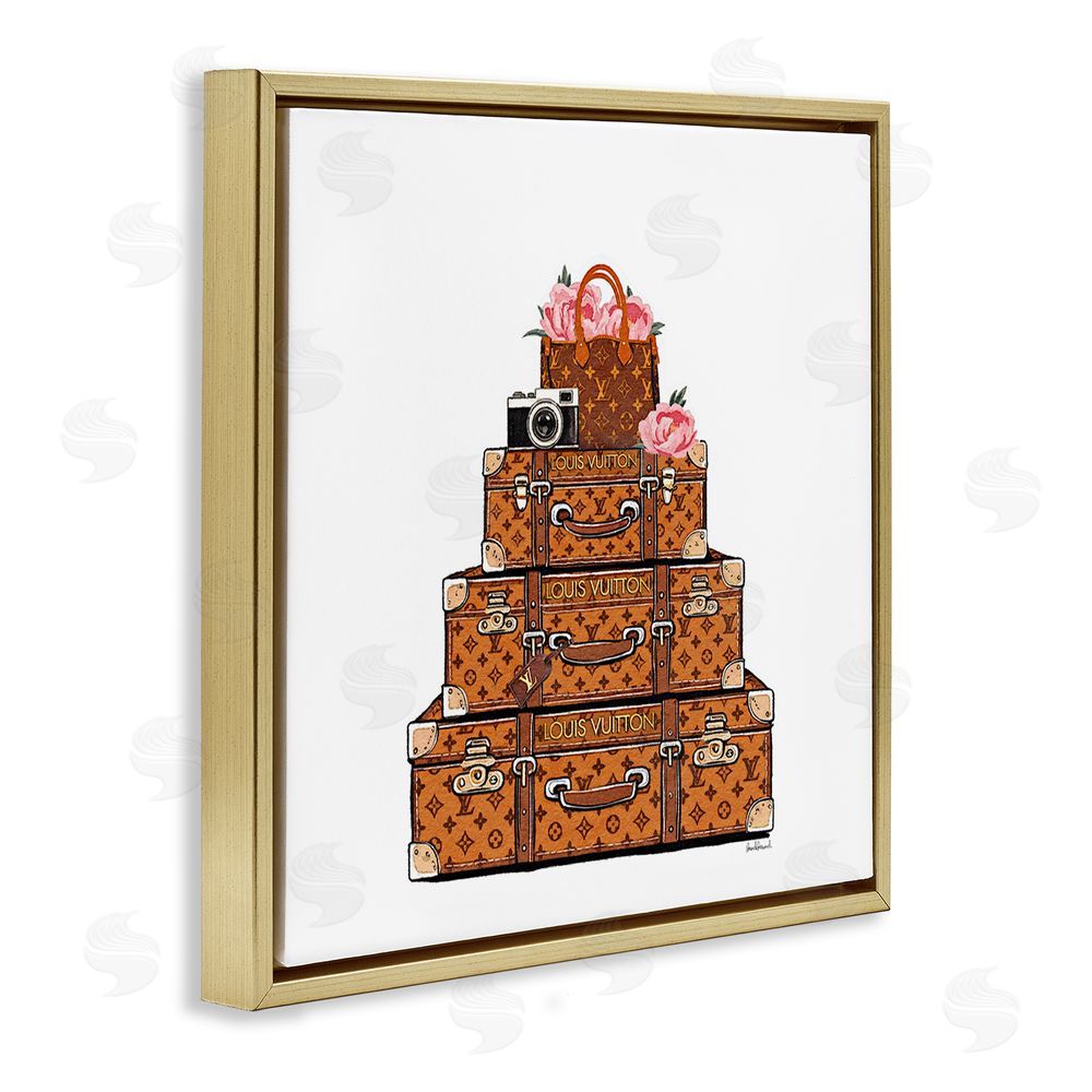 Amanda Greenwood Stacked Luggage with Floral Handbag Gold Floating Frame Canvas Wall Art Print