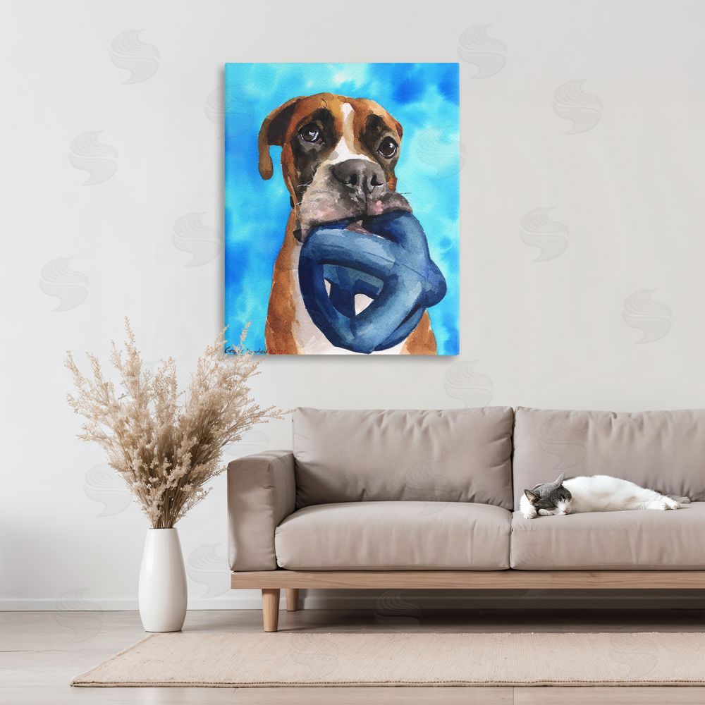 George Dyachenko Boxer and His Toy Blue Canvas Art on Wall