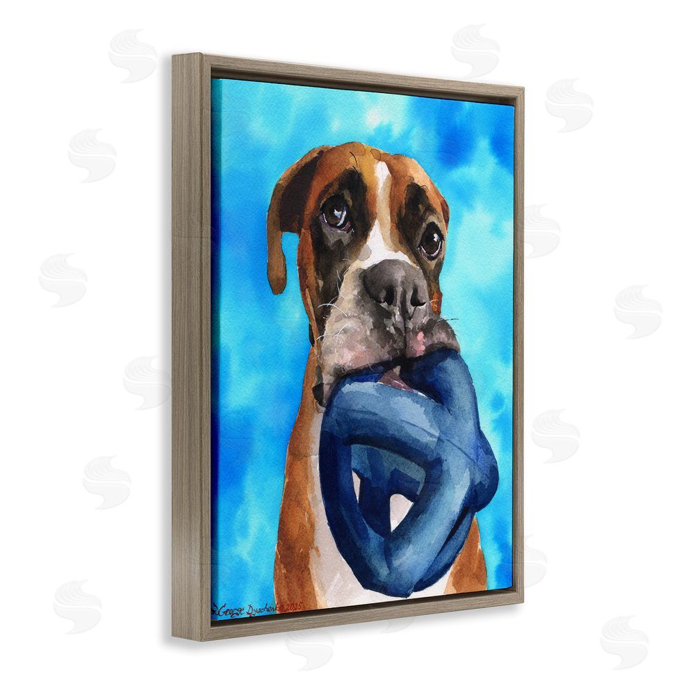 George Dyachenko Boxer and His Toy Blue Brown Floating Frame Canvas Wall Art Print