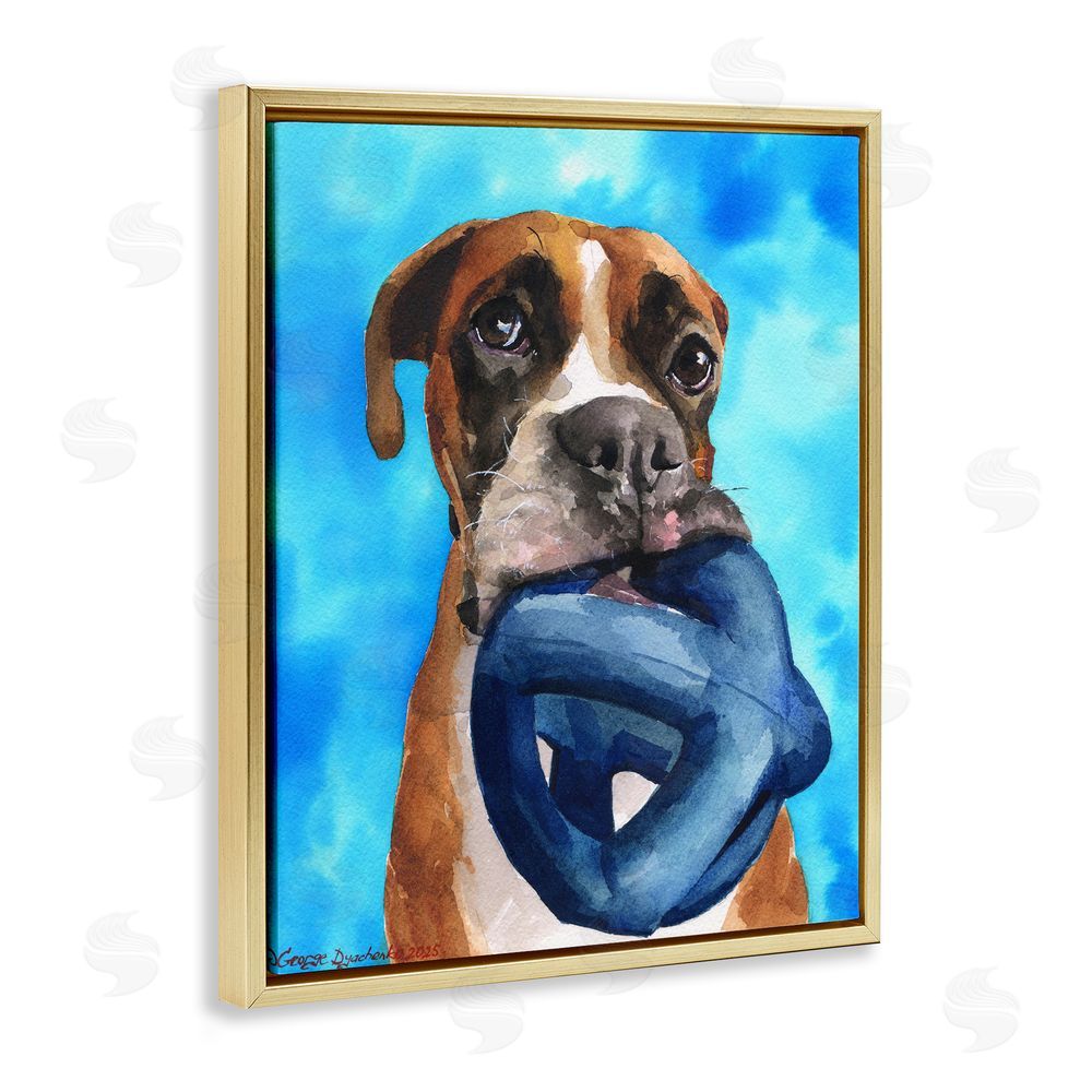 George Dyachenko Boxer and His Toy Blue Gold Floating Frame Canvas Wall Art Print