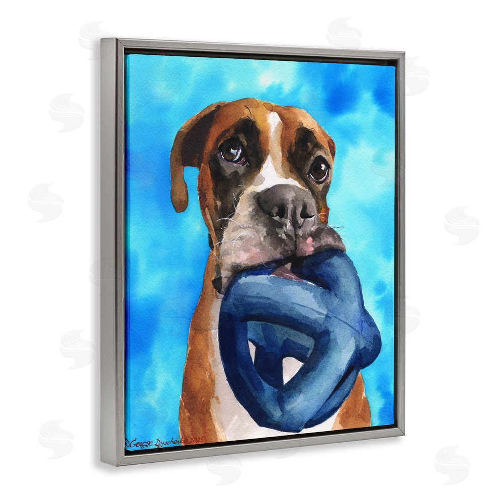 George Dyachenko Boxer and His Toy Blue Gray Floating Frame Canvas Wall Art Print