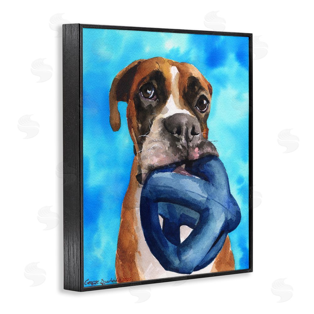 George Dyachenko Boxer and His Toy Blue Black Framed Giclee Wall Art Print