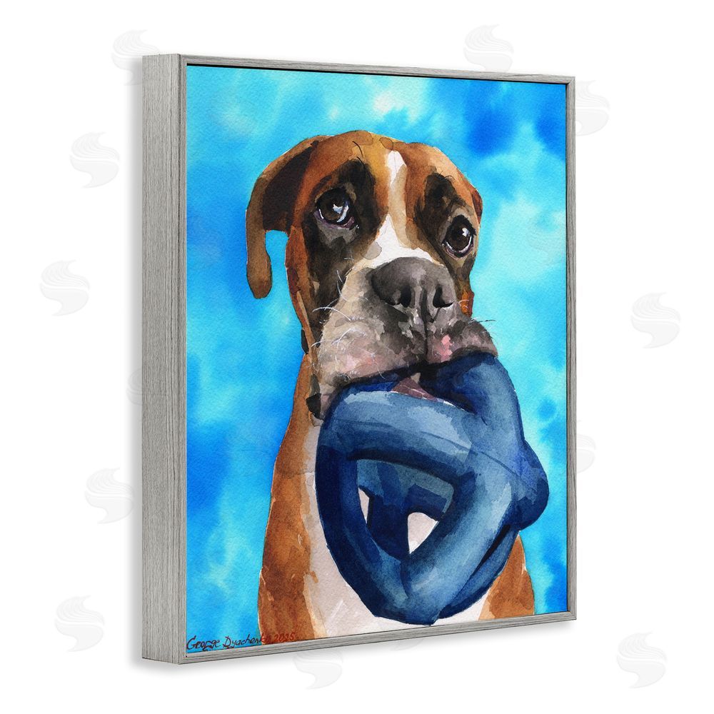 George Dyachenko Boxer and His Toy Blue Gray Framed Giclee Wall Art Print