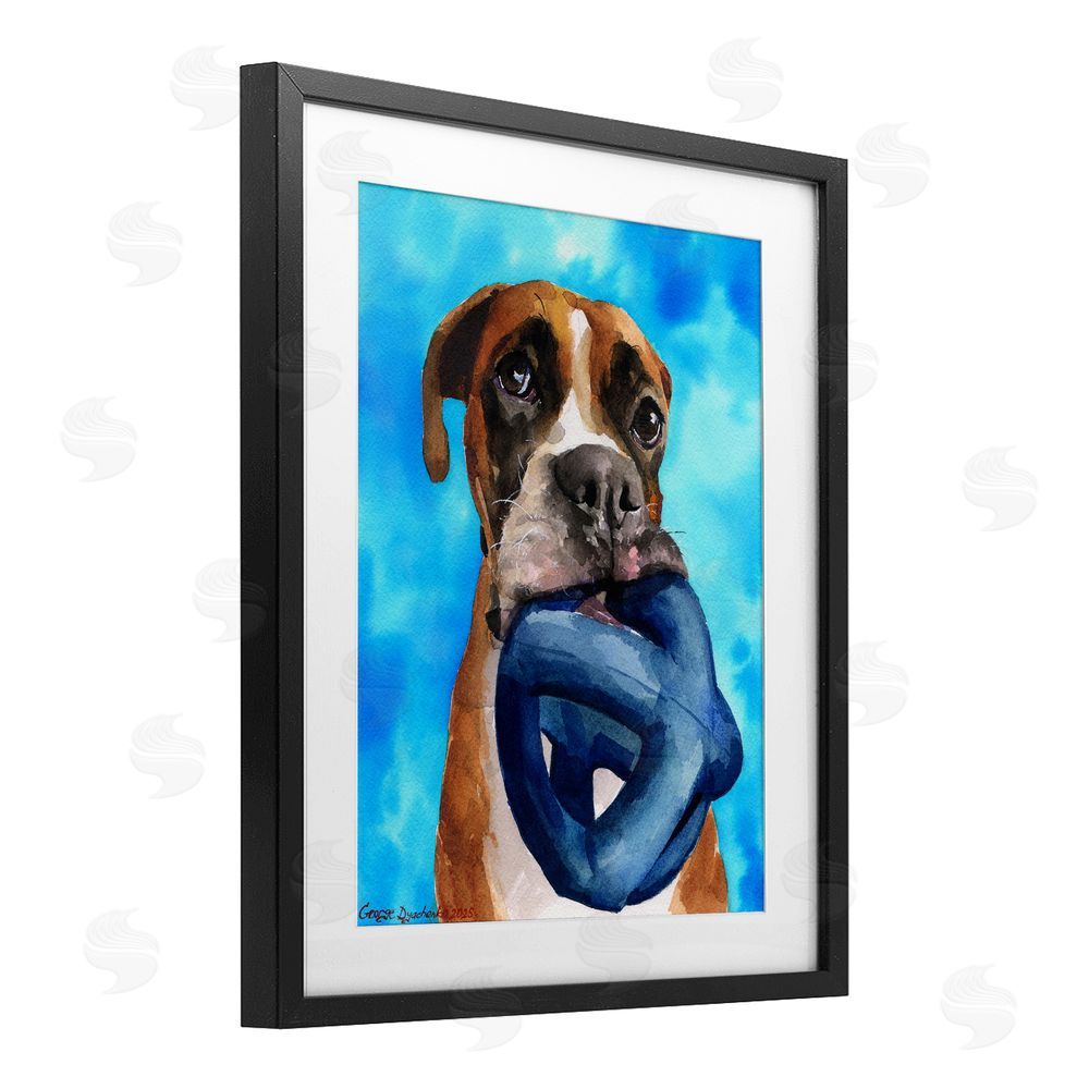 George Dyachenko Boxer and His Toy Blue Black Framed Print Under Glass with White Mat Wall Art