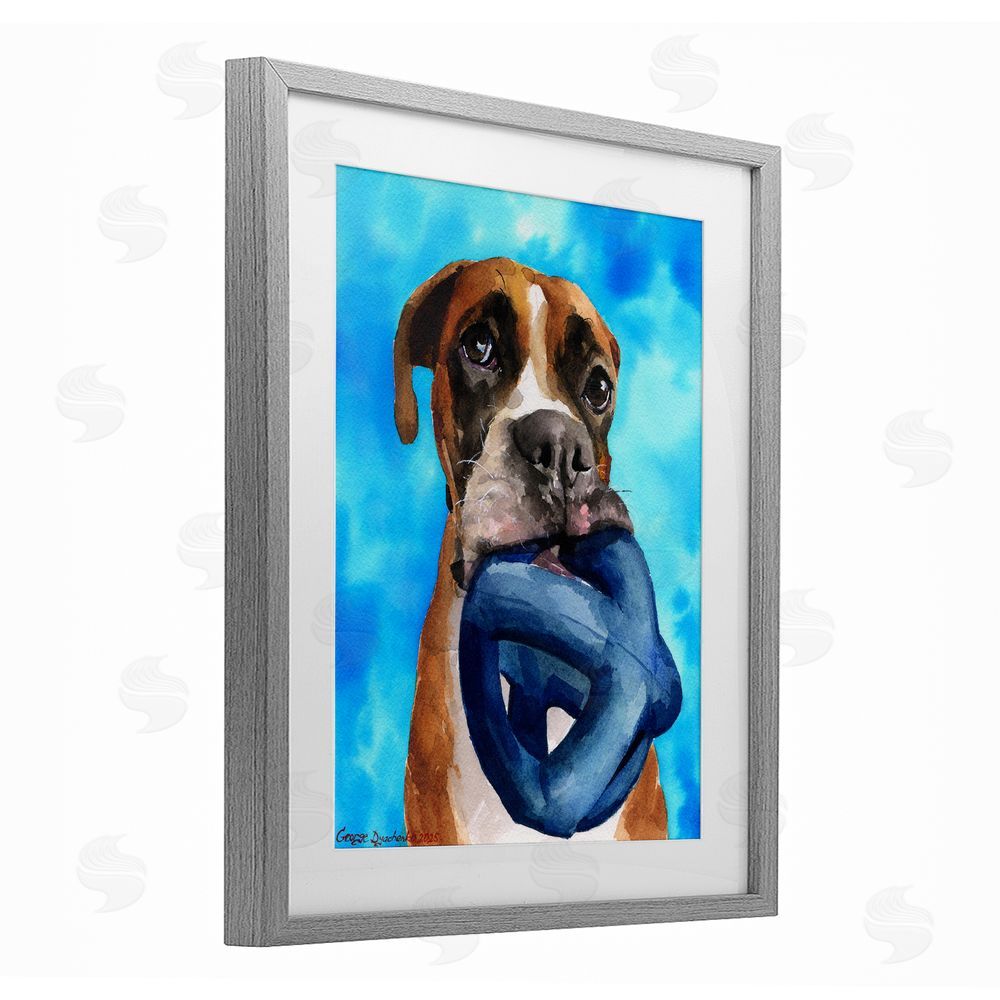 George Dyachenko Boxer and His Toy Blue Gray Framed Print Under Glass with White Mat Wall Art