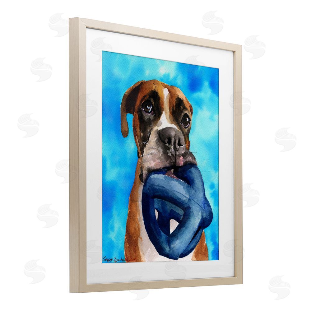 George Dyachenko Boxer and His Toy Blue Birch Framed Print Under Glass with White Mat Wall Art