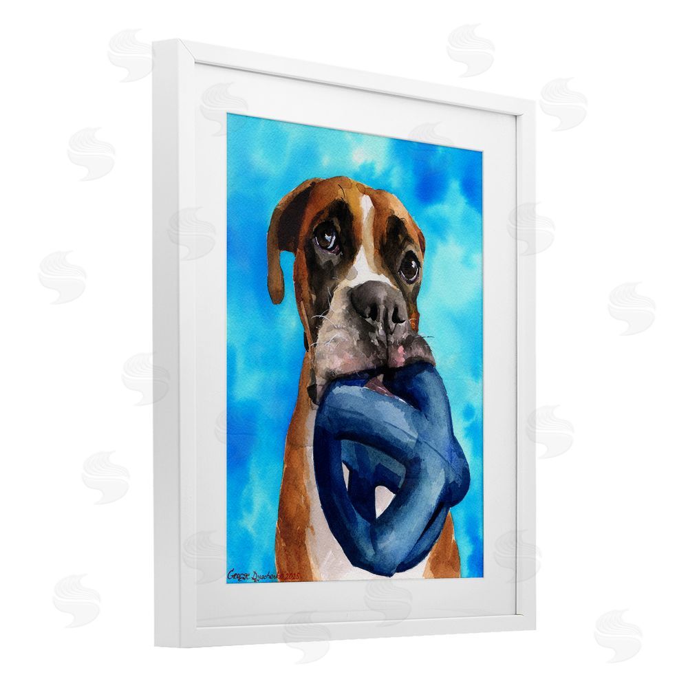 George Dyachenko Boxer and His Toy Blue White Framed Print Under Glass with Mat Wall Art