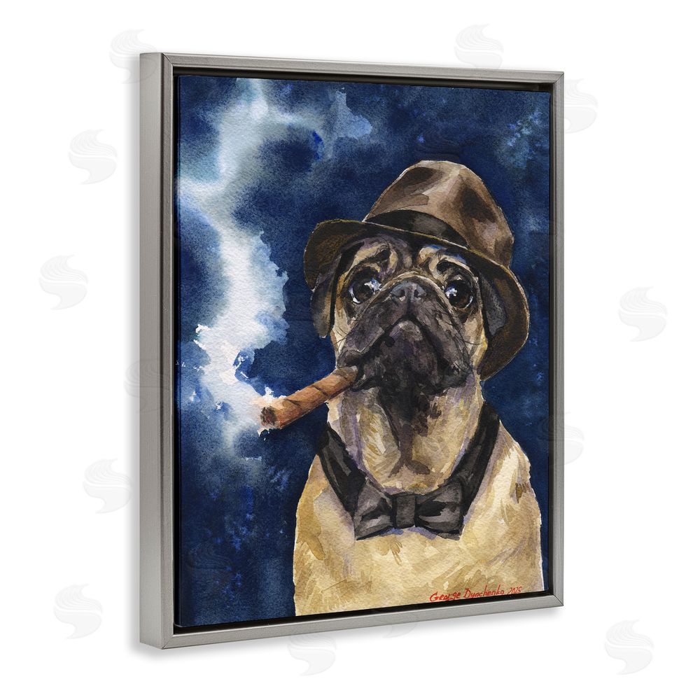 George Dyachenko Brutal Pug with Cigar Gray Floating Frame Canvas Wall Art Print