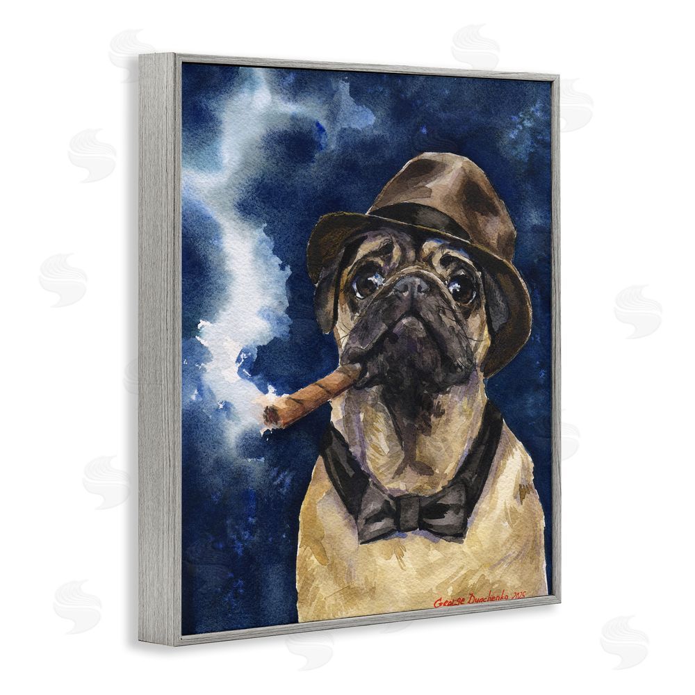 George Dyachenko Brutal Pug with Cigar Gray Framed Giclee Wall Art Print