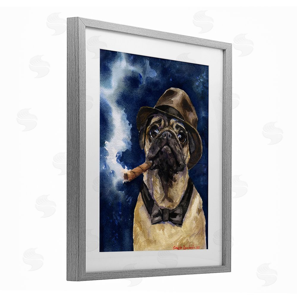 George Dyachenko Brutal Pug with Cigar Gray Framed Print Under Glass with White Mat Wall Art