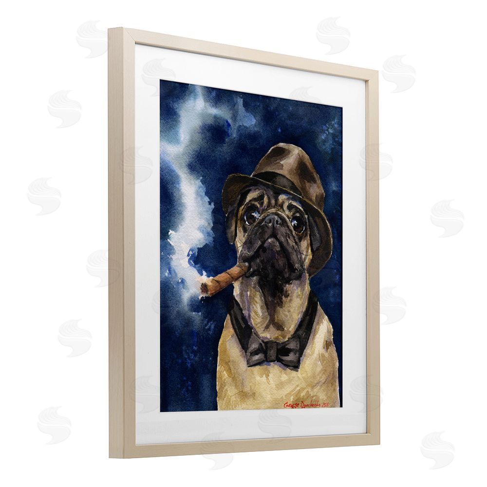 George Dyachenko Brutal Pug with Cigar Birch Framed Print Under Glass with White Mat Wall Art