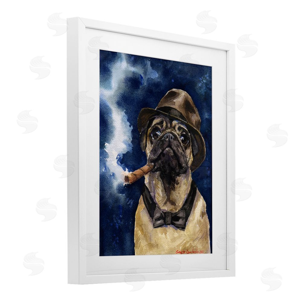George Dyachenko Brutal Pug with Cigar White Framed Print Under Glass with Mat Wall Art