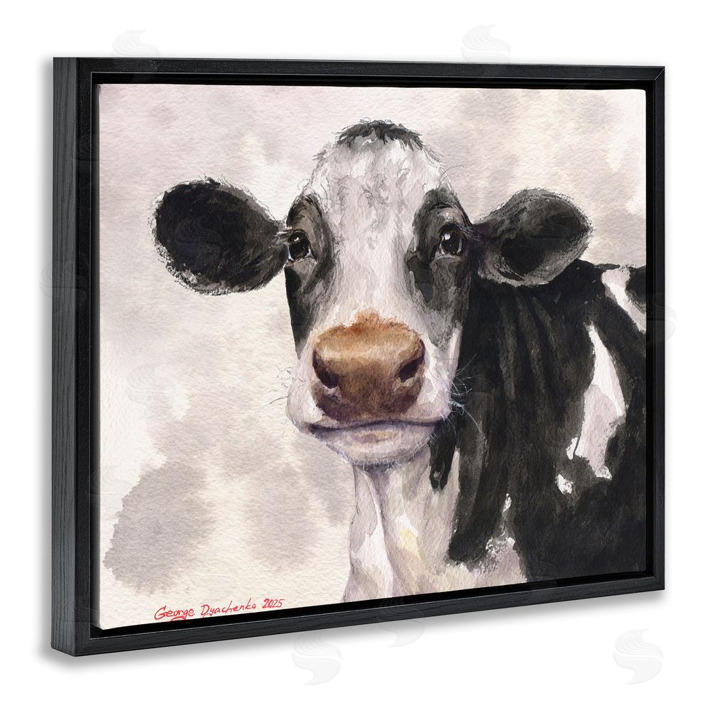 George Dyachenko Cute Cow with Abstract Background Black Floating Frame Canvas Wall Art Print