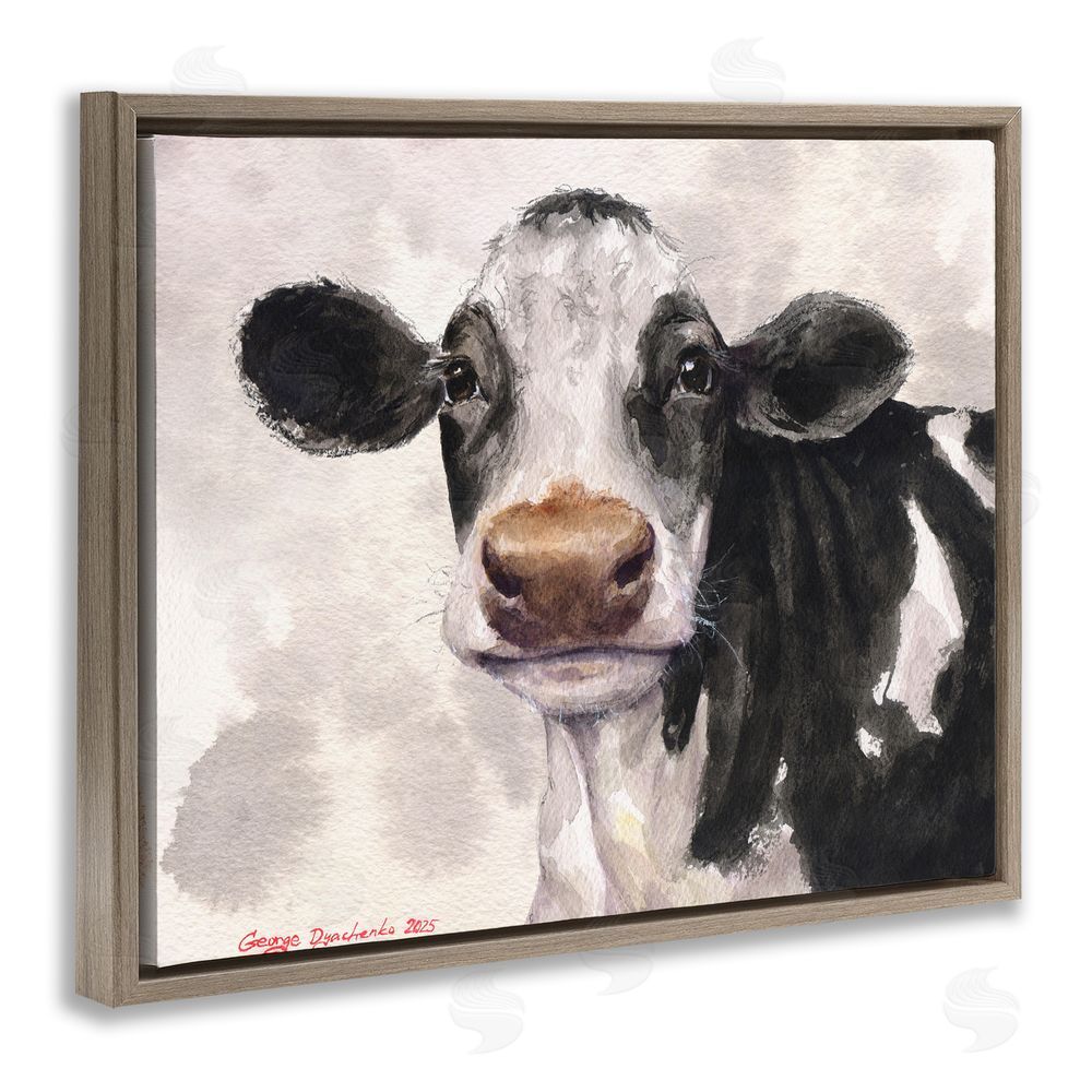 George Dyachenko Cute Cow with Abstract Background Brown Floating Frame Canvas Wall Art Print