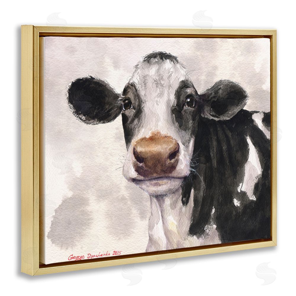 George Dyachenko Cute Cow with Abstract Background Gold Floating Frame Canvas Wall Art Print