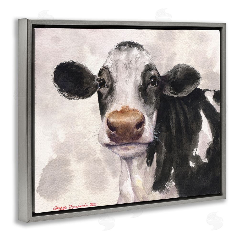 George Dyachenko Cute Cow with Abstract Background Gray Floating Frame Canvas Wall Art Print