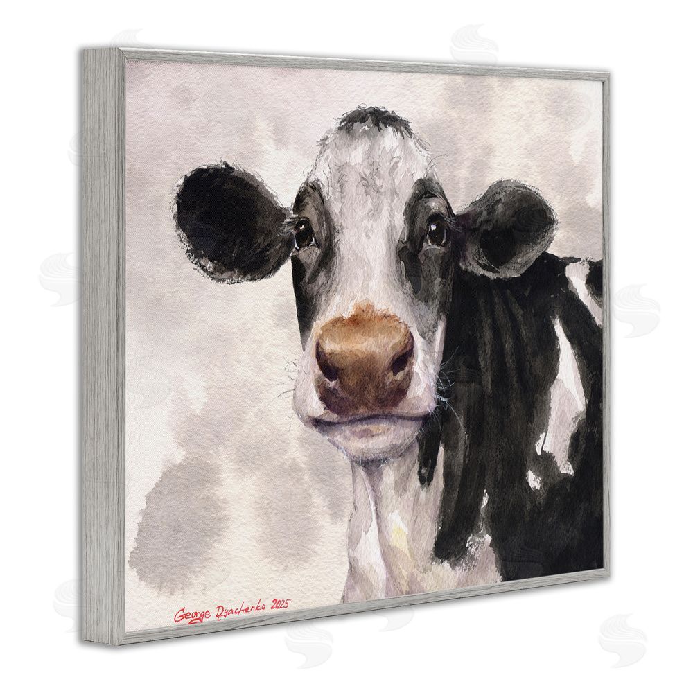 George Dyachenko Cute Cow with Abstract Background Gray Framed Giclee Wall Art Print