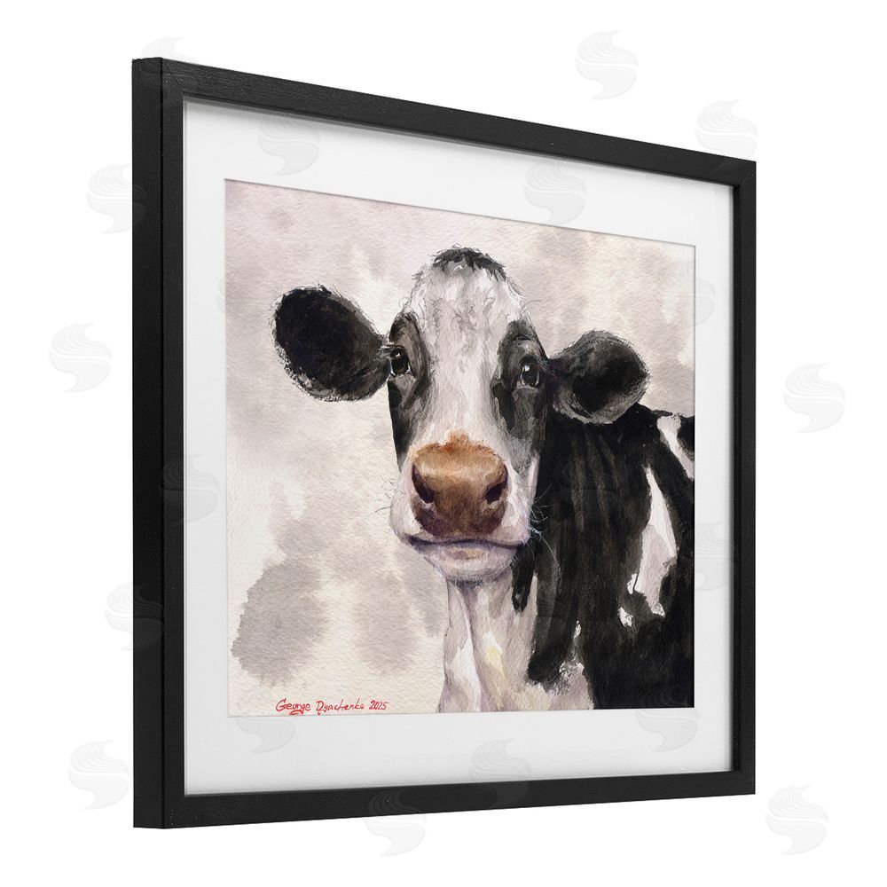 George Dyachenko Cute Cow with Abstract Background Black Framed Print Under Glass with White Mat Wall Art