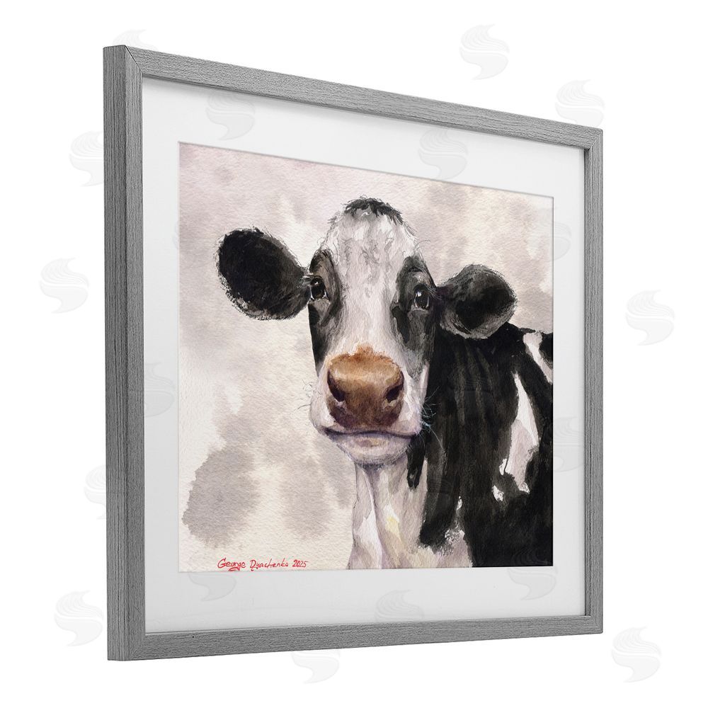 George Dyachenko Cute Cow with Abstract Background Gray Framed Print Under Glass with White Mat Wall Art