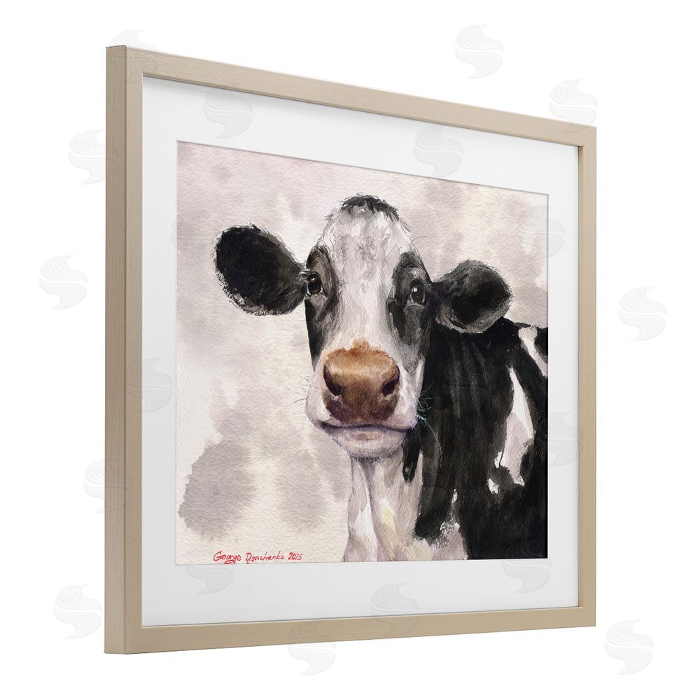 George Dyachenko Cute Cow with Abstract Background Birch Framed Print Under Glass with White Mat Wall Art