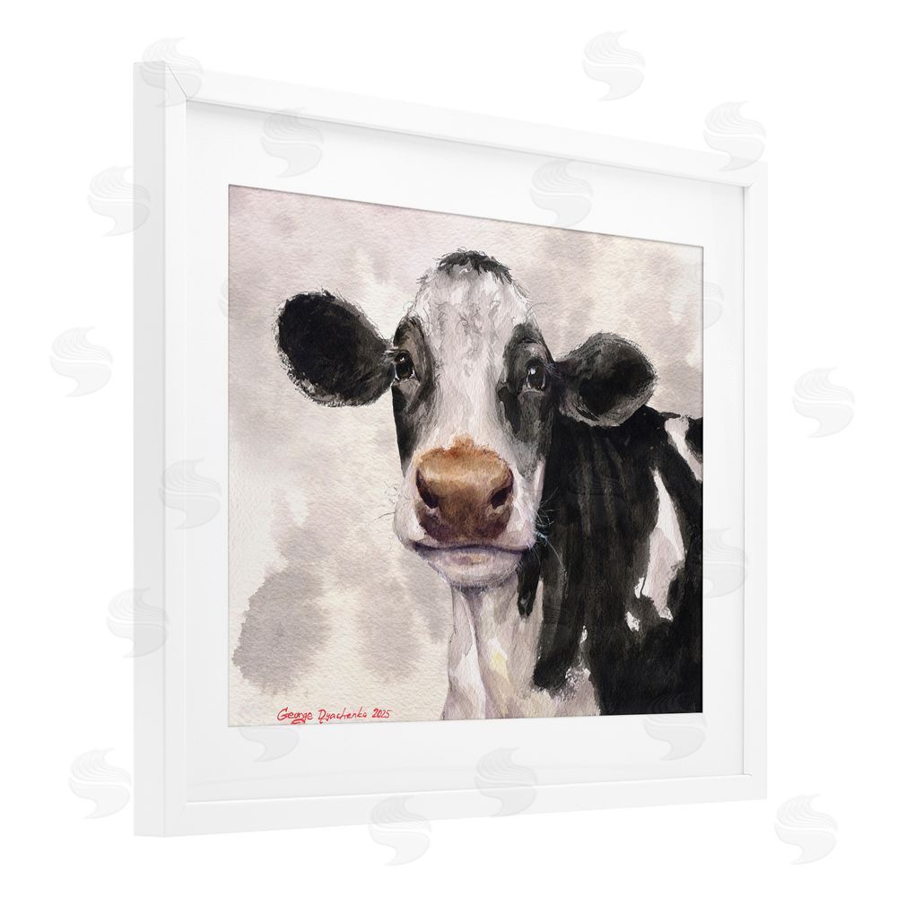George Dyachenko Cute Cow with Abstract Background White Framed Print Under Glass with Mat Wall Art