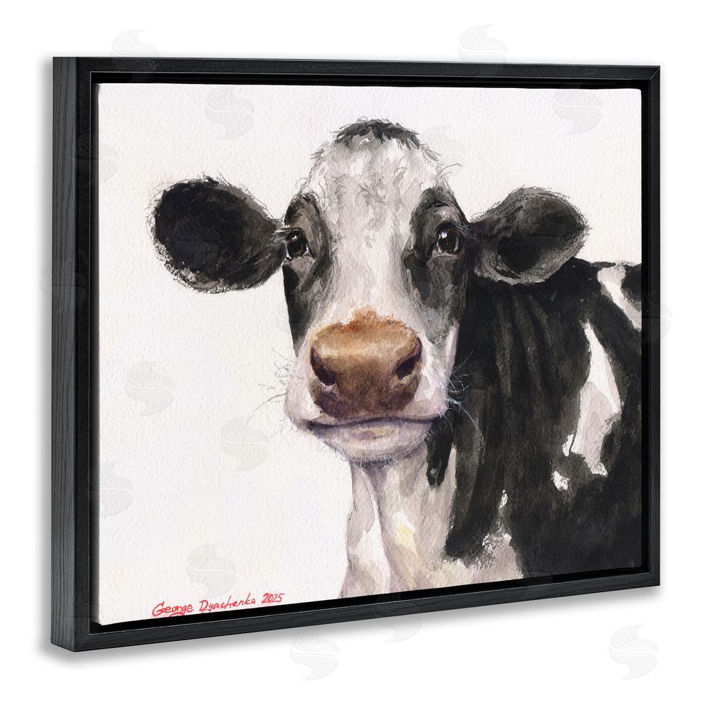 George Dyachenko Cute Cow with White Spots Black Floating Frame Canvas Wall Art Print
