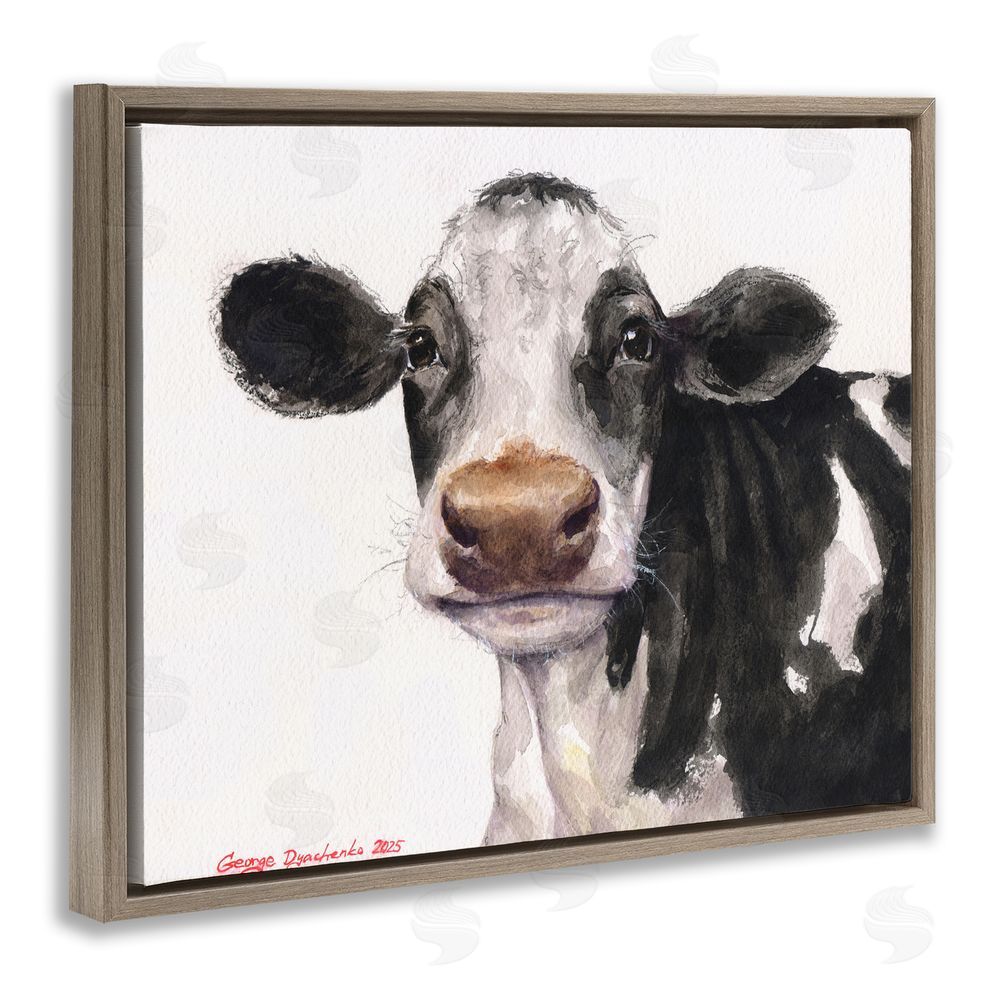 George Dyachenko Cute Cow with White Spots Brown Floating Frame Canvas Wall Art Print