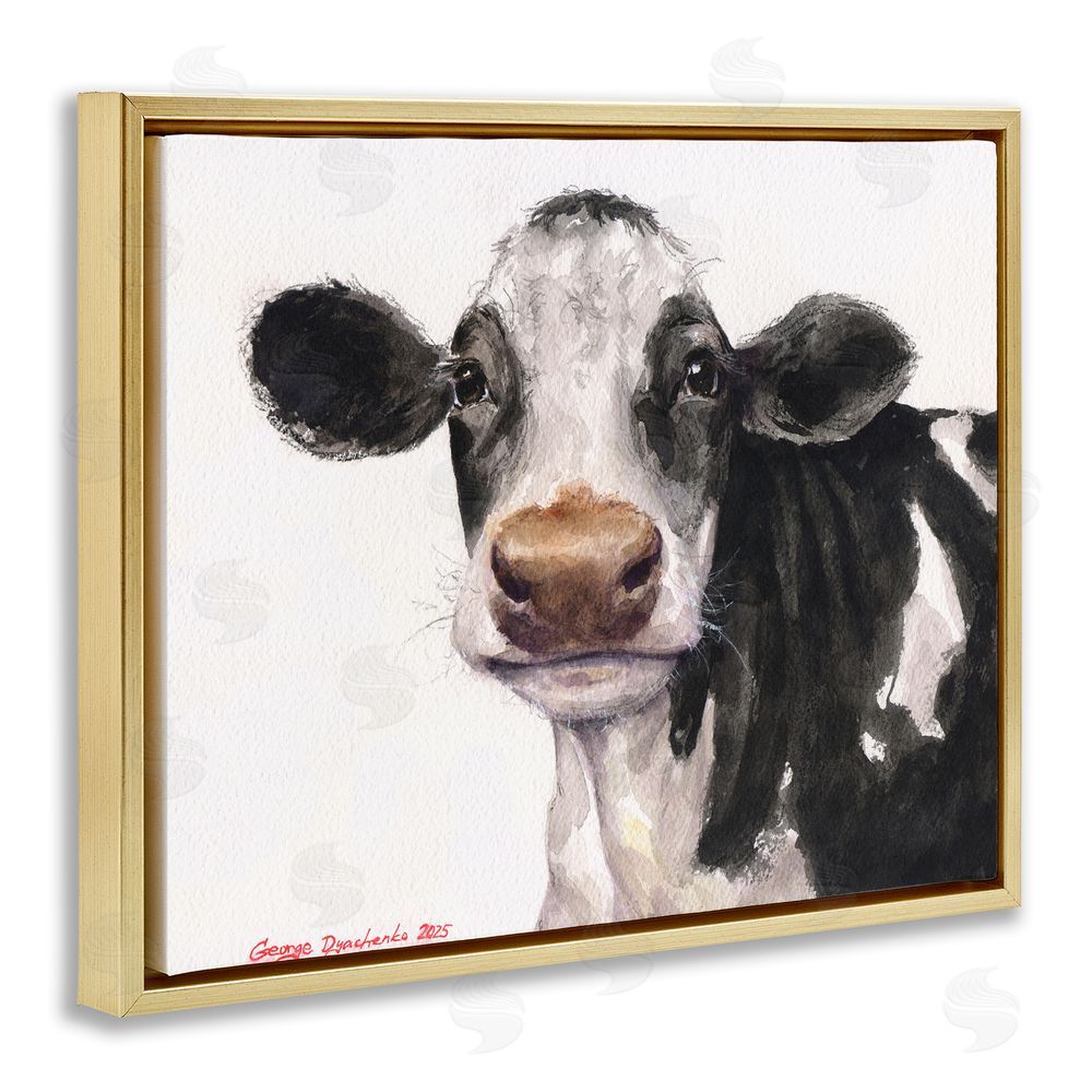 George Dyachenko Cute Cow with White Spots Gold Floating Frame Canvas Wall Art Print