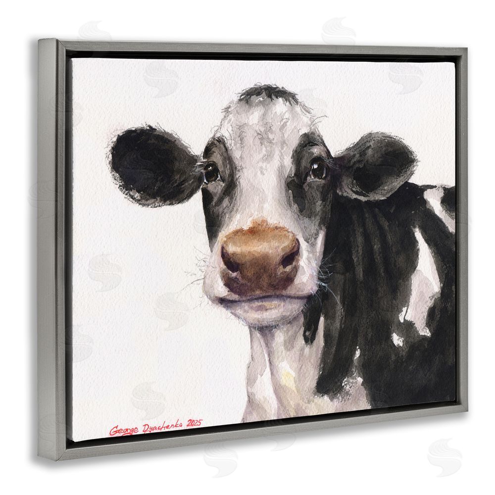George Dyachenko Cute Cow with White Spots Gray Floating Frame Canvas Wall Art Print