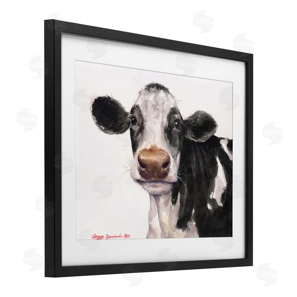 George Dyachenko Cute Cow with White Spots Black Framed Print Under Glass with White Mat Wall Art