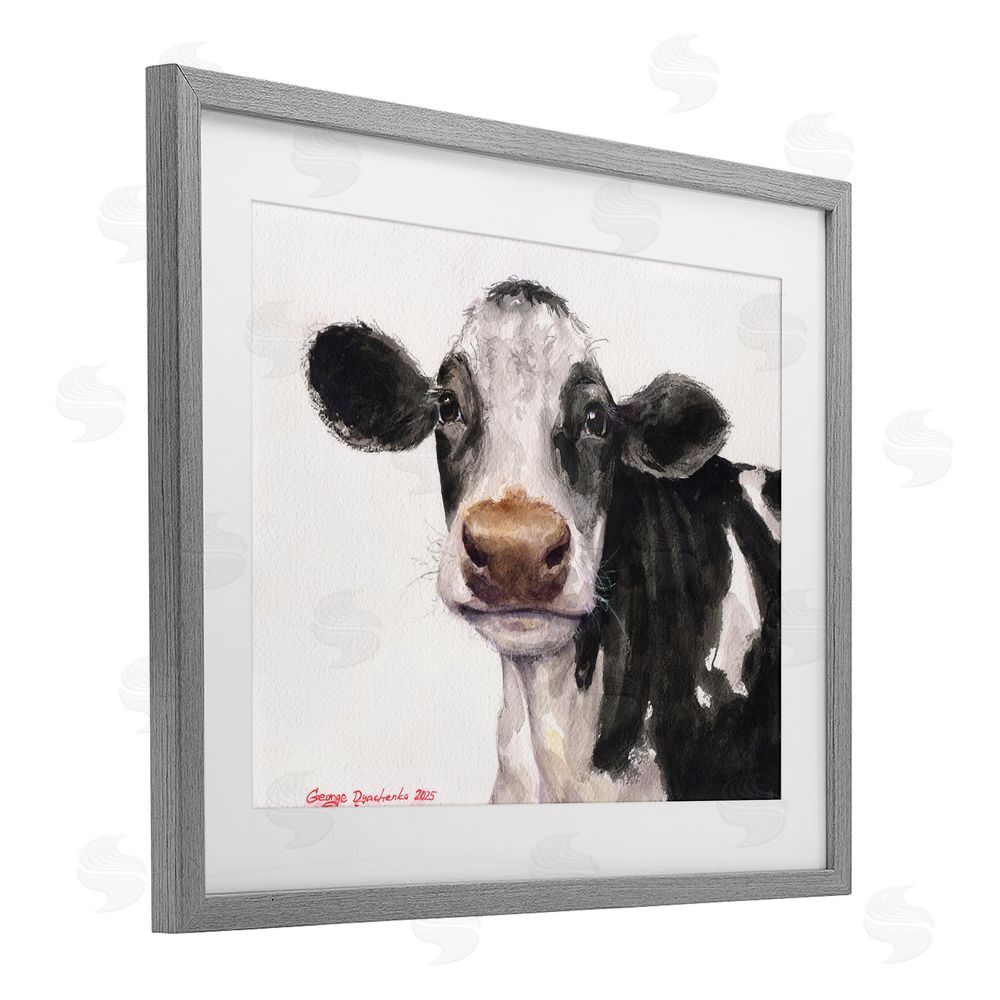 George Dyachenko Cute Cow with White Spots Gray Framed Print Under Glass with White Mat Wall Art