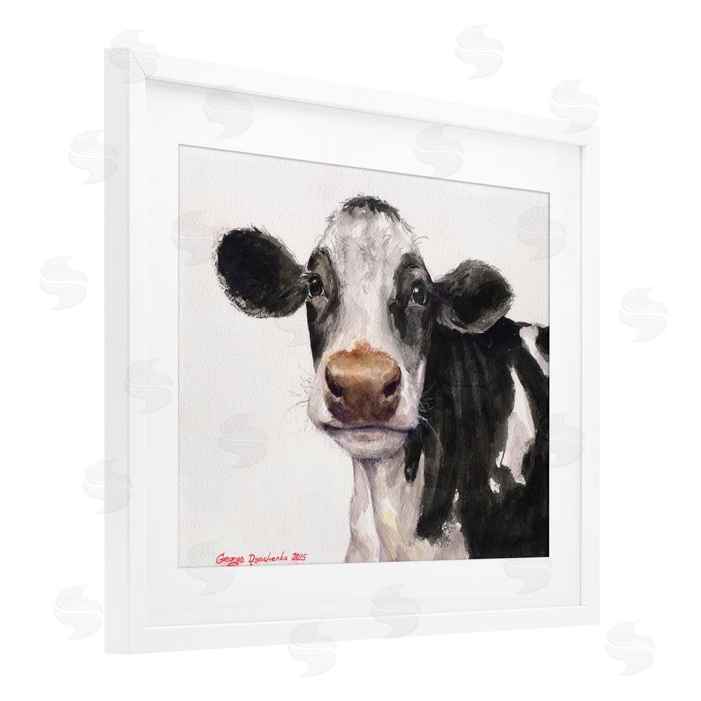 George Dyachenko Cute Cow with White Spots White Framed Print Under Glass with Mat Wall Art