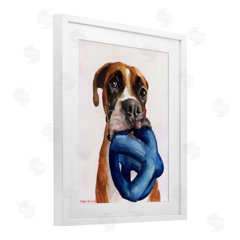George Dyachenko Boxer and His Toy White White Framed Print Under Glass with Mat Wall Art