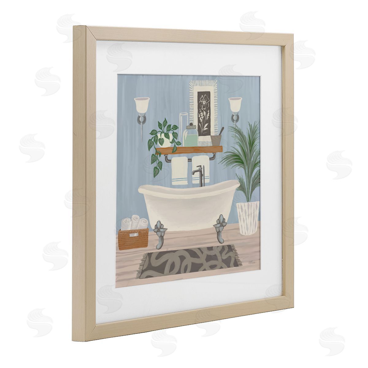 Cat Thurman Designs Unwind and Refresh Bathtub Birch Framed Print Under Glass with White Mat Wall Art