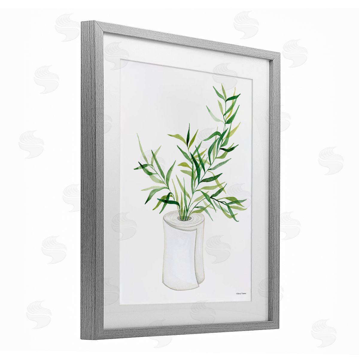 Rachel Nieman Toilet Paper Plant Vase Gray Framed Print Under Glass with White Mat Wall Art