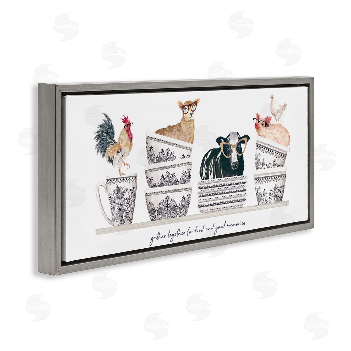Cindy Jacobs Gather for Food Animal Bowls Gray Floating Frame Canvas Wall Art Print