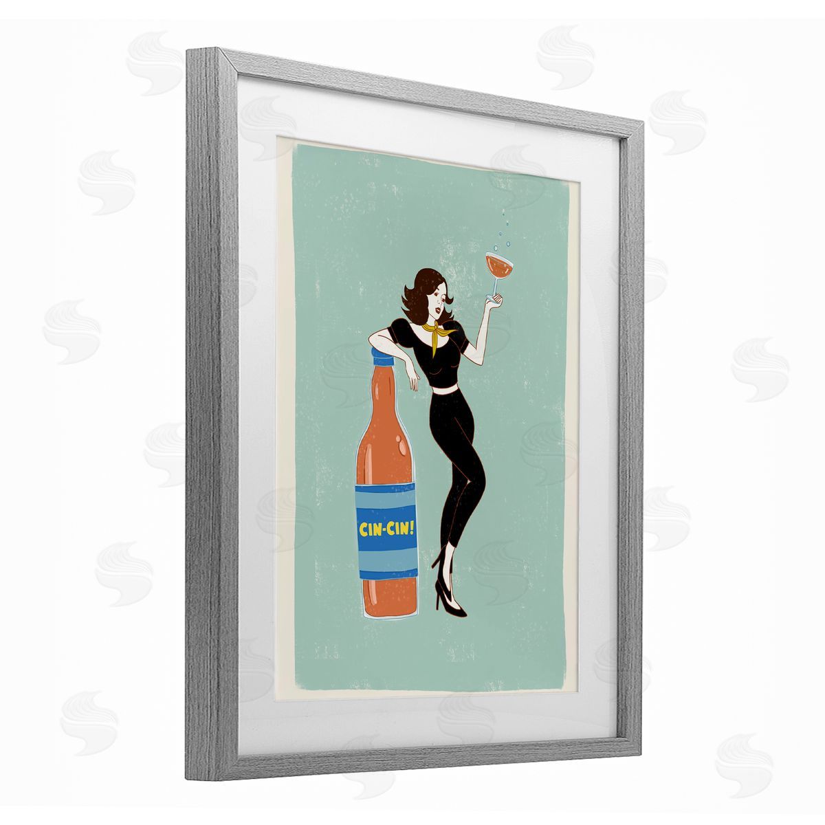 Rachel Nieman Cin Cin Vintage Italian Poster Gray Framed Print Under Glass with White Mat Wall Art