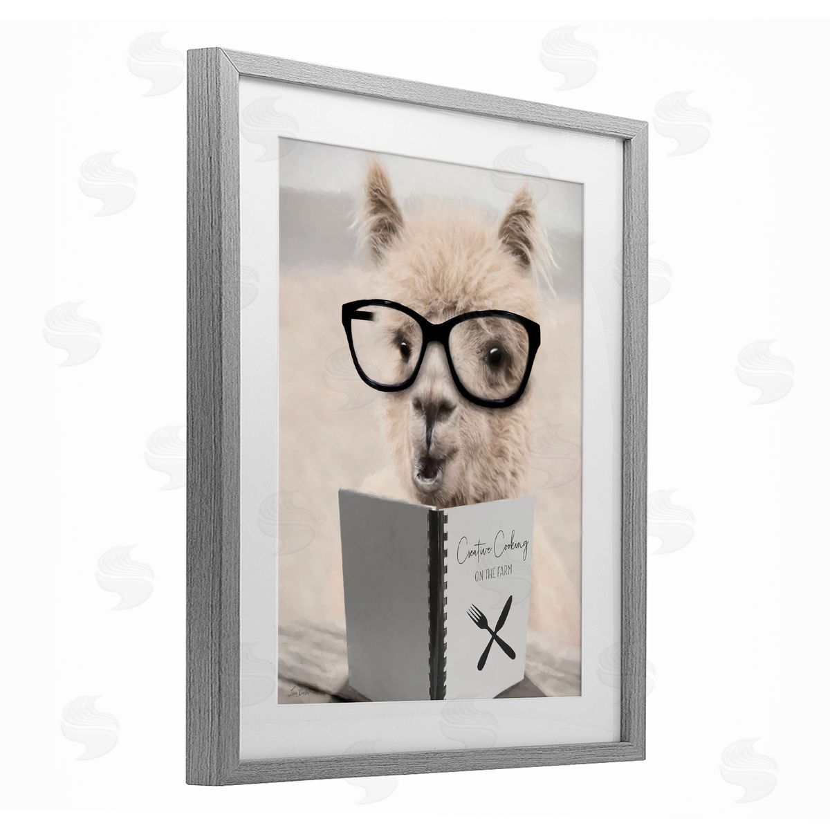 Lori Deiter Cooking Alpaca with Glasses Gray Framed Print Under Glass with White Mat Wall Art