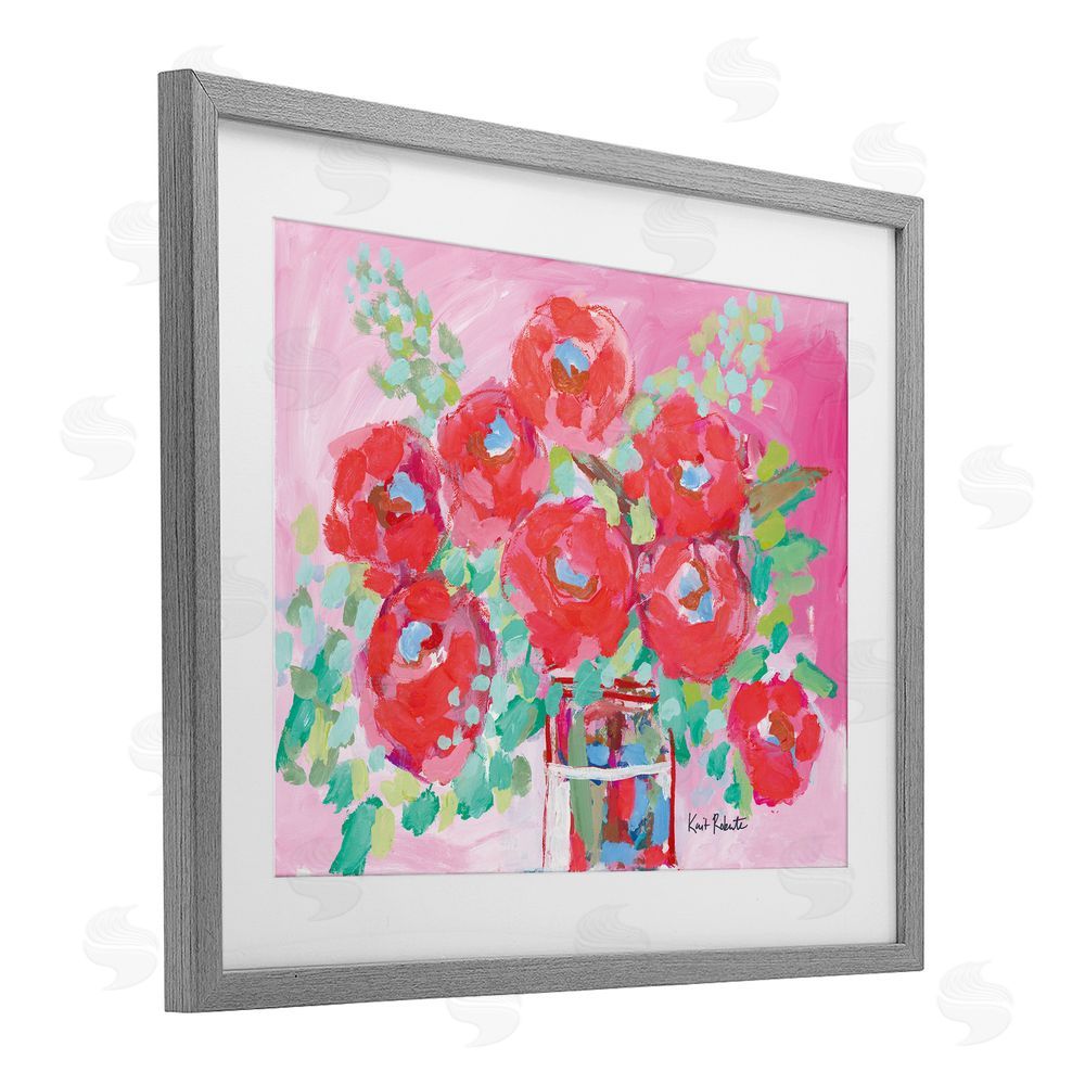 Kait Roberts Love to Bloom Pink Florals Gray Framed Print Under Glass with White Mat Wall Art