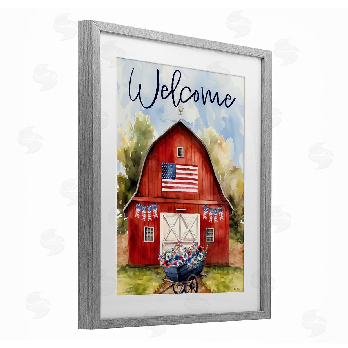 Nicole DeCamp American Countryside Welcome Gray Framed Print Under Glass with White Mat Wall Art