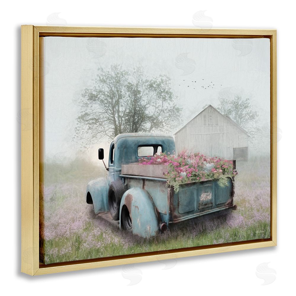 Lori Deiter Foggy Truck with Flowers Gold Floating Frame Canvas Wall Art Print