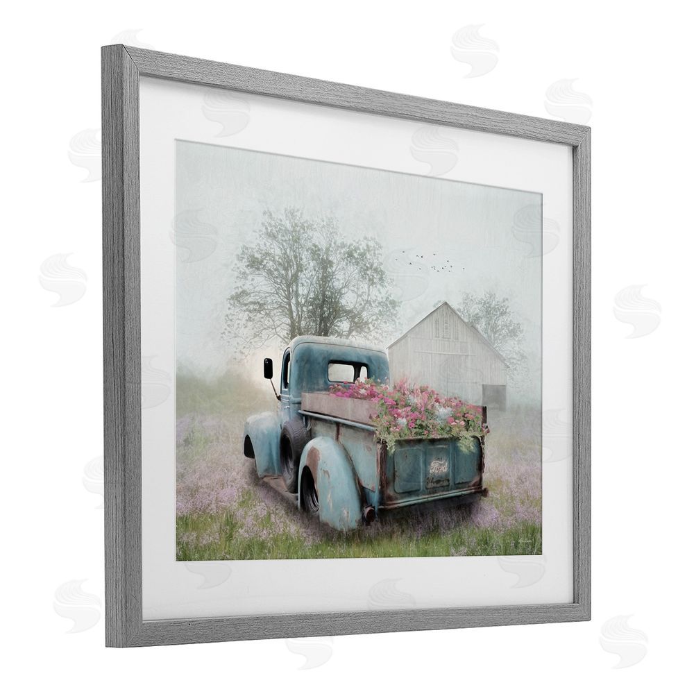 Lori Deiter Foggy Truck with Flowers Gray Framed Print Under Glass with White Mat Wall Art