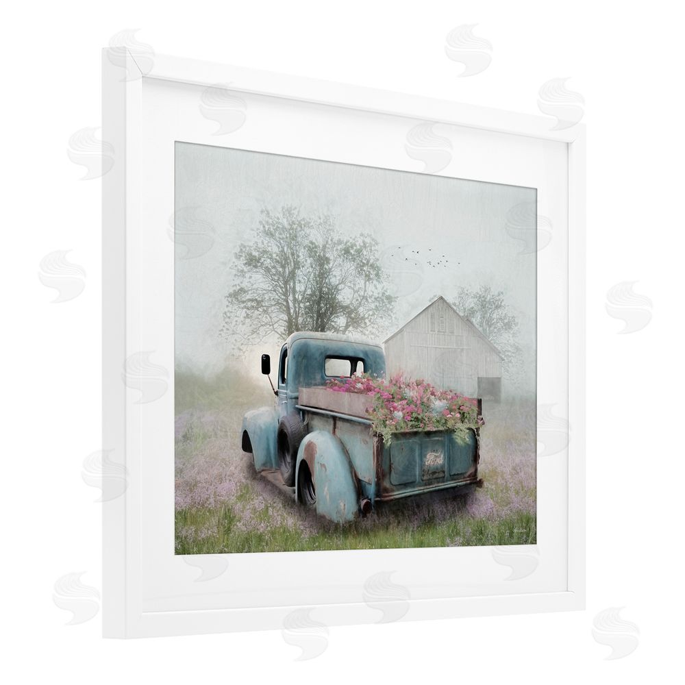 Lori Deiter Foggy Truck with Flowers White Framed Print Under Glass with Mat Wall Art