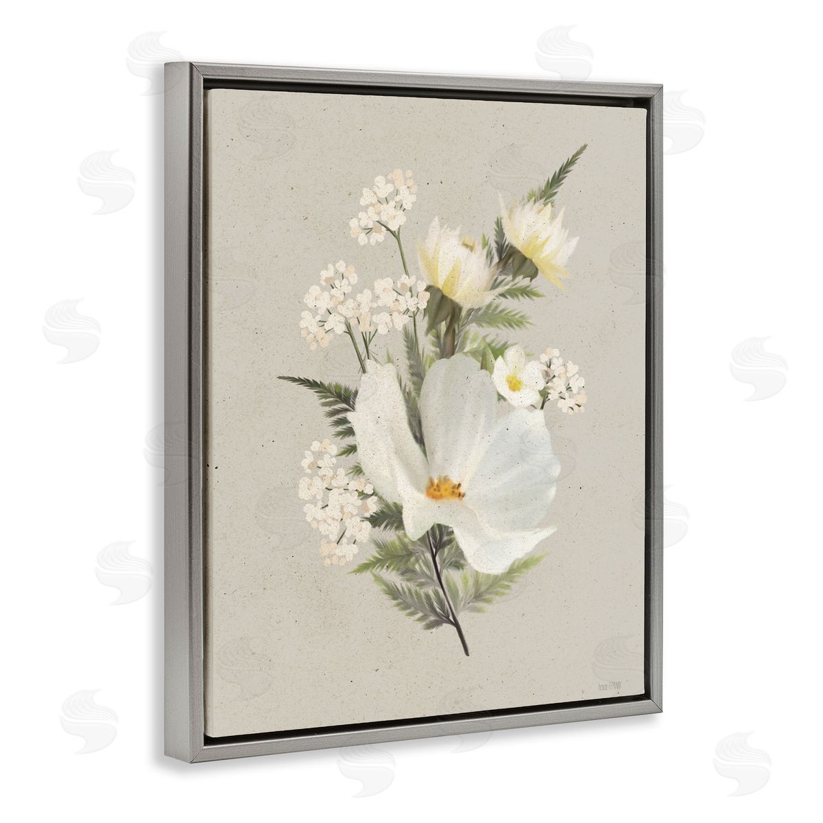 House Fenway Paper Flowers White Blossom Gray Floating Frame Canvas Wall Art Print